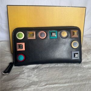 Fendi Authentic Colorful Studded Black Wallet w/Fendi Roma Box & Tag VGUC